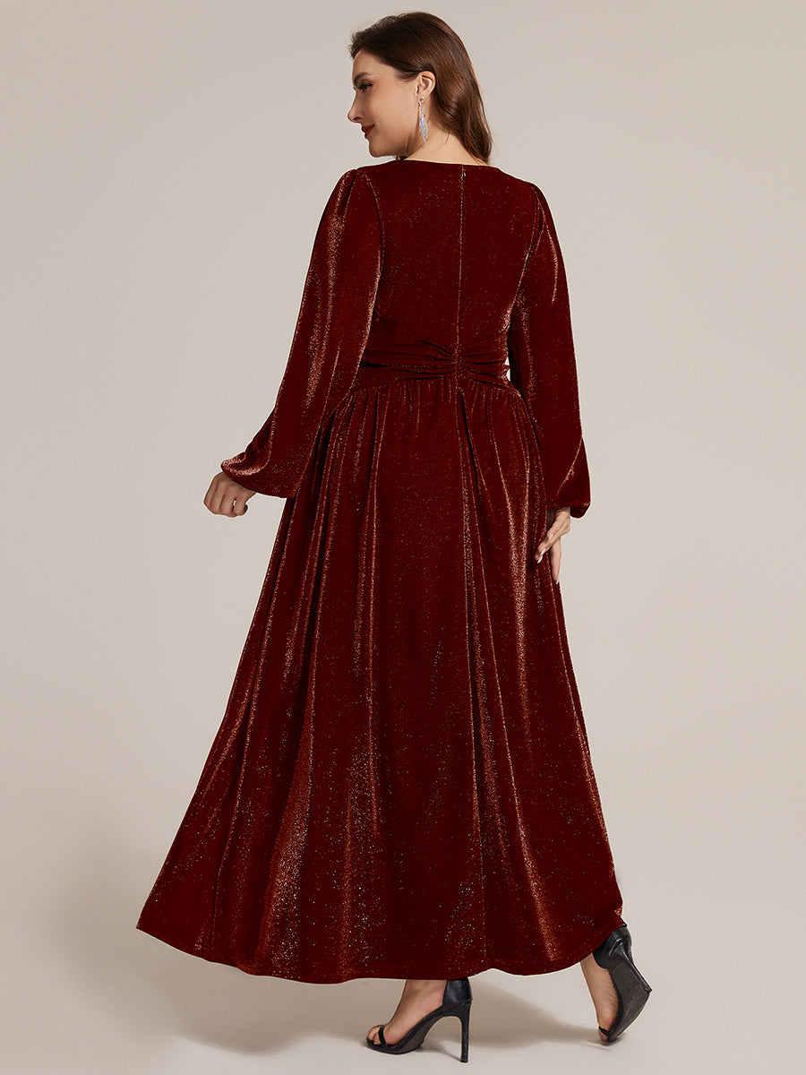 Lurex Mesh Puff Sleeve A-Line Evening Dress #color_Burgundy