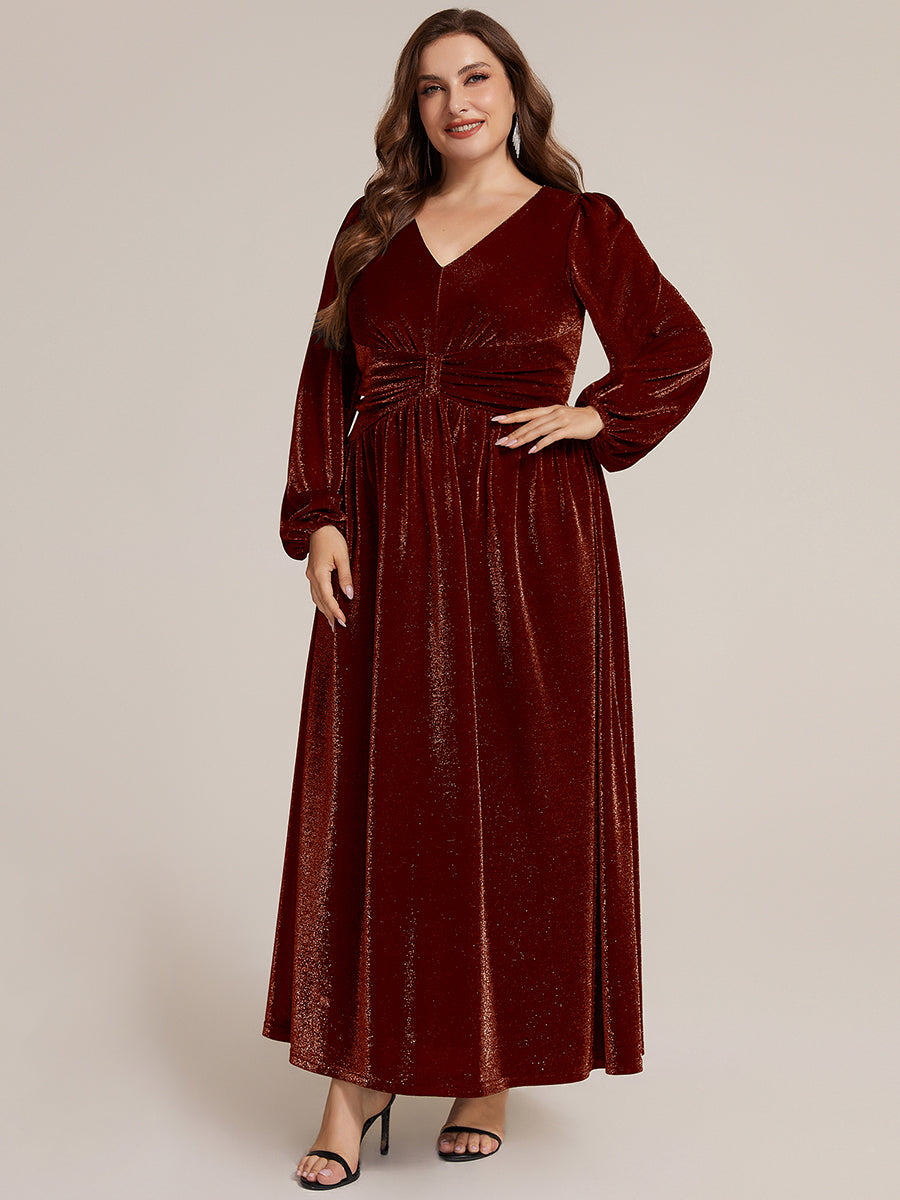 Lurex Mesh Puff Sleeve A-Line Evening Dress #color_Burgundy
