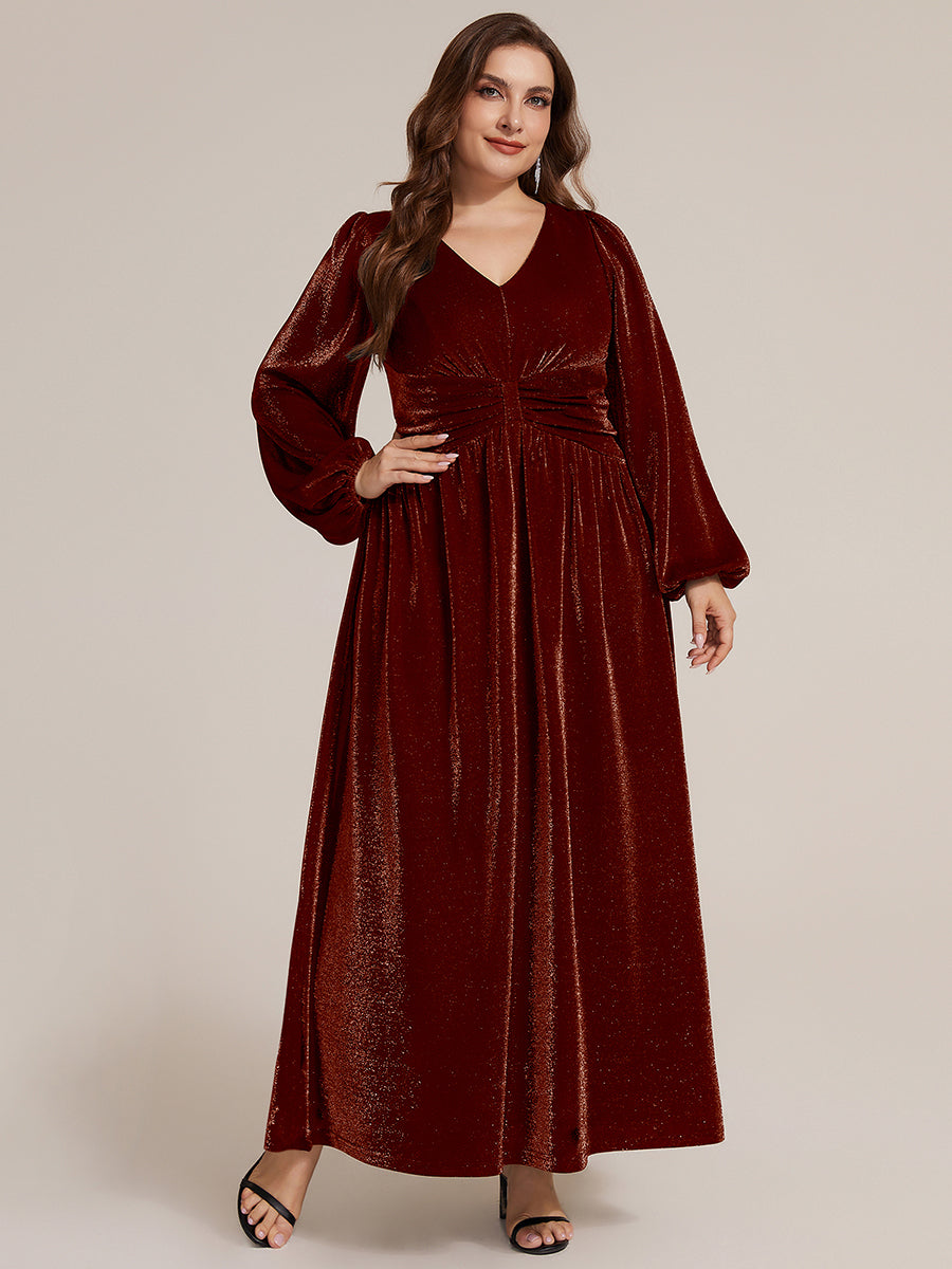 Plus Size Lurex Mesh Puff Sleeve Evening Dress #color_Burgundy