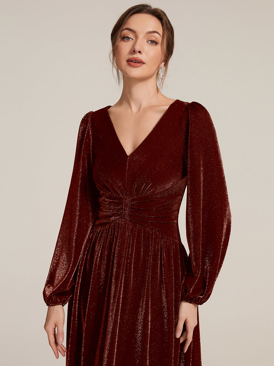 Lurex Mesh Puff Sleeve A-Line Evening Dress #color_Burgundy