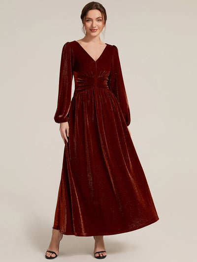 Lurex Mesh Puff Sleeve A-Line Evening Dress