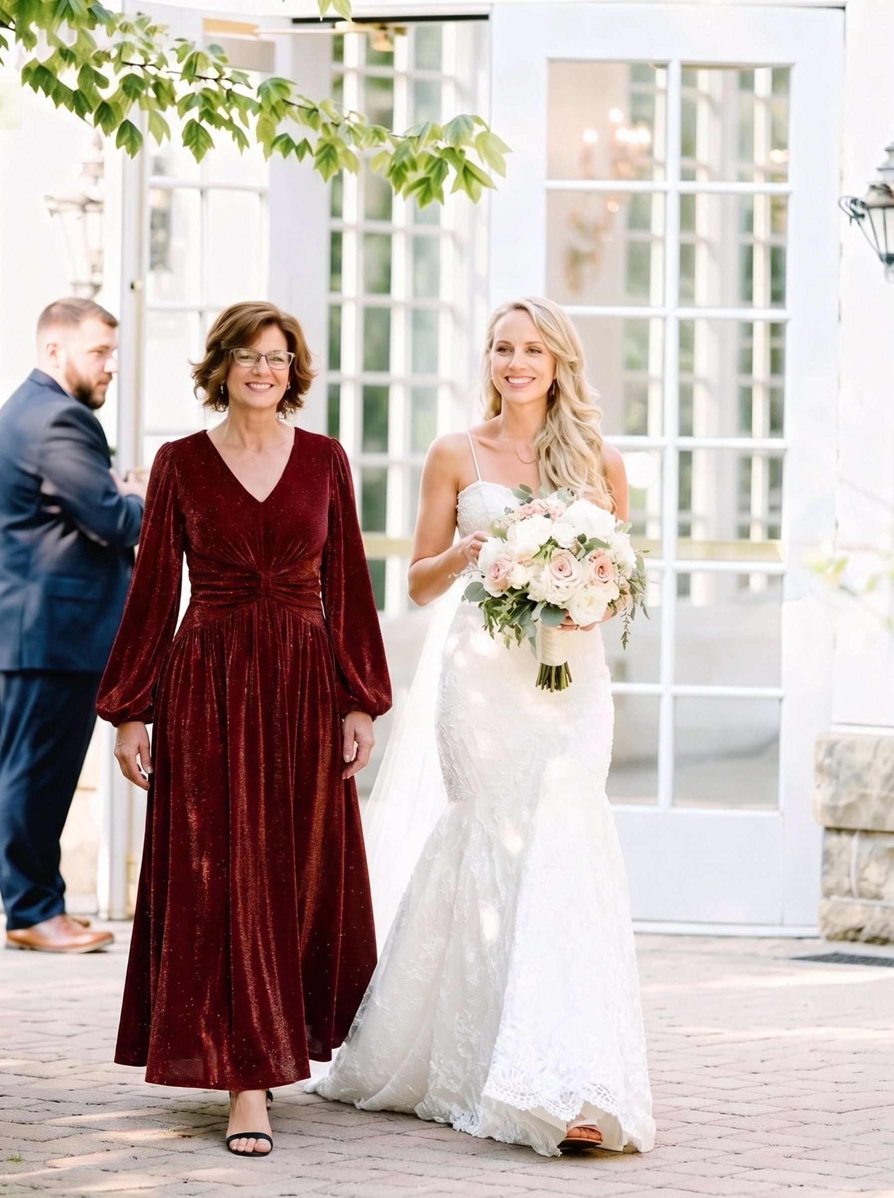 Lurex Mesh Puff Sleeve A-Line Evening Dress #color_Burgundy