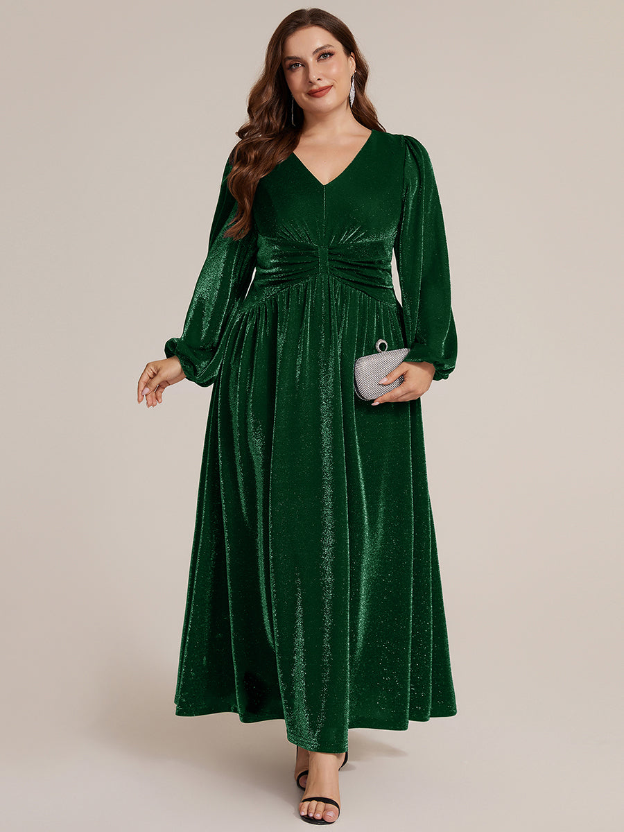 Lurex Mesh Puff Sleeve A-Line Evening Dress #color_Dark Green