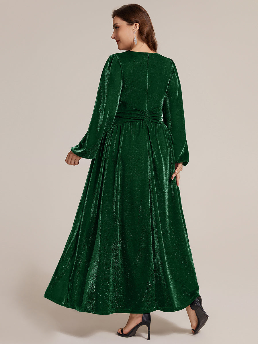 Plus Size Lurex Mesh Puff Sleeve Evening Dress #color_Dark Green
