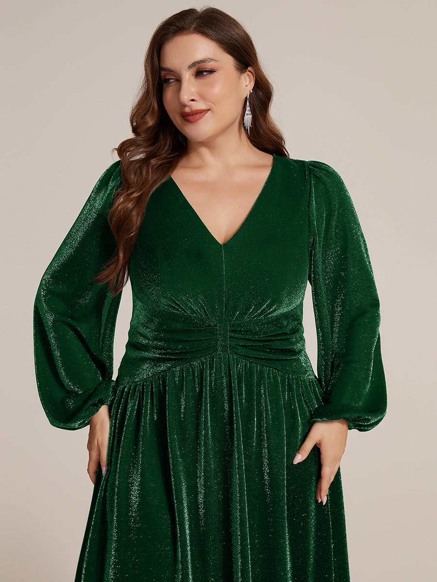Plus Size Lurex Mesh Puff Sleeve Evening Dress #color_Dark Green