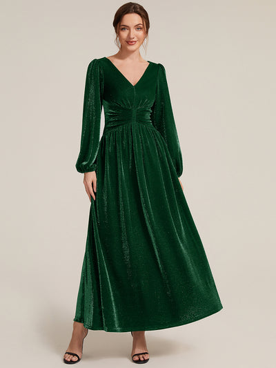 Lurex Mesh Puff Sleeve A-Line Evening Dress