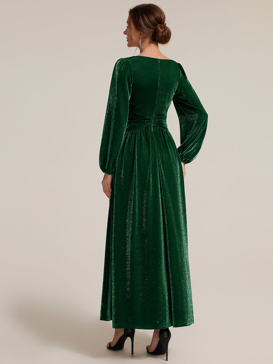Lurex Mesh Puff Sleeve A-Line Evening Dress #color_Dark Green
