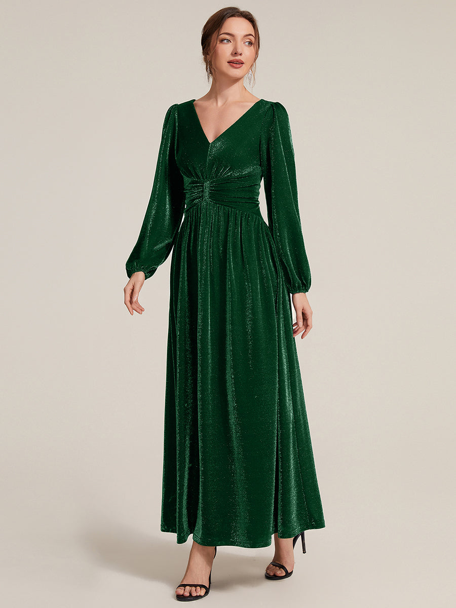 Lurex Mesh Puff Sleeve A-Line Evening Dress #color_Dark Green