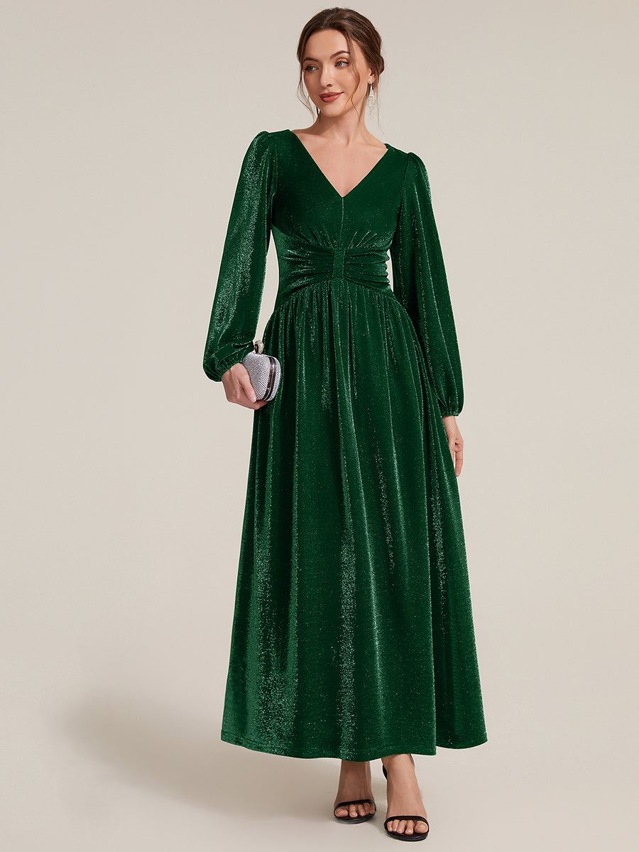 Lurex Mesh Puff Sleeve A-Line Evening Dress #color_Dark Green