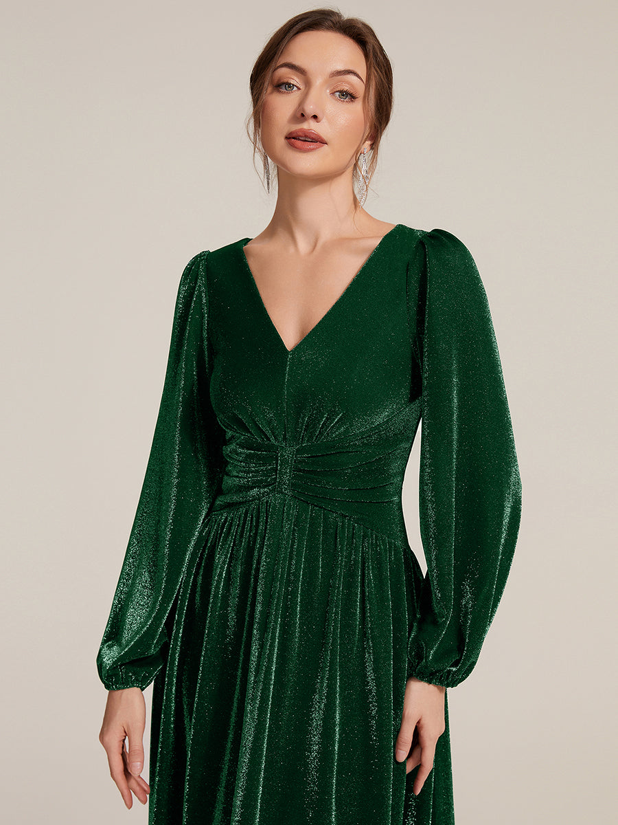 Lurex Mesh Puff Sleeve A-Line Evening Dress #color_Dark Green