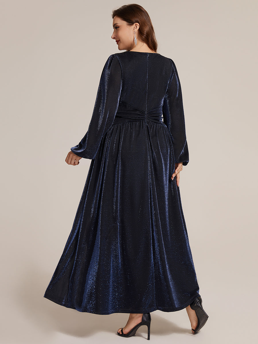 Plus Size Lurex Mesh Puff Sleeve Evening Dress #color_Navy Blue