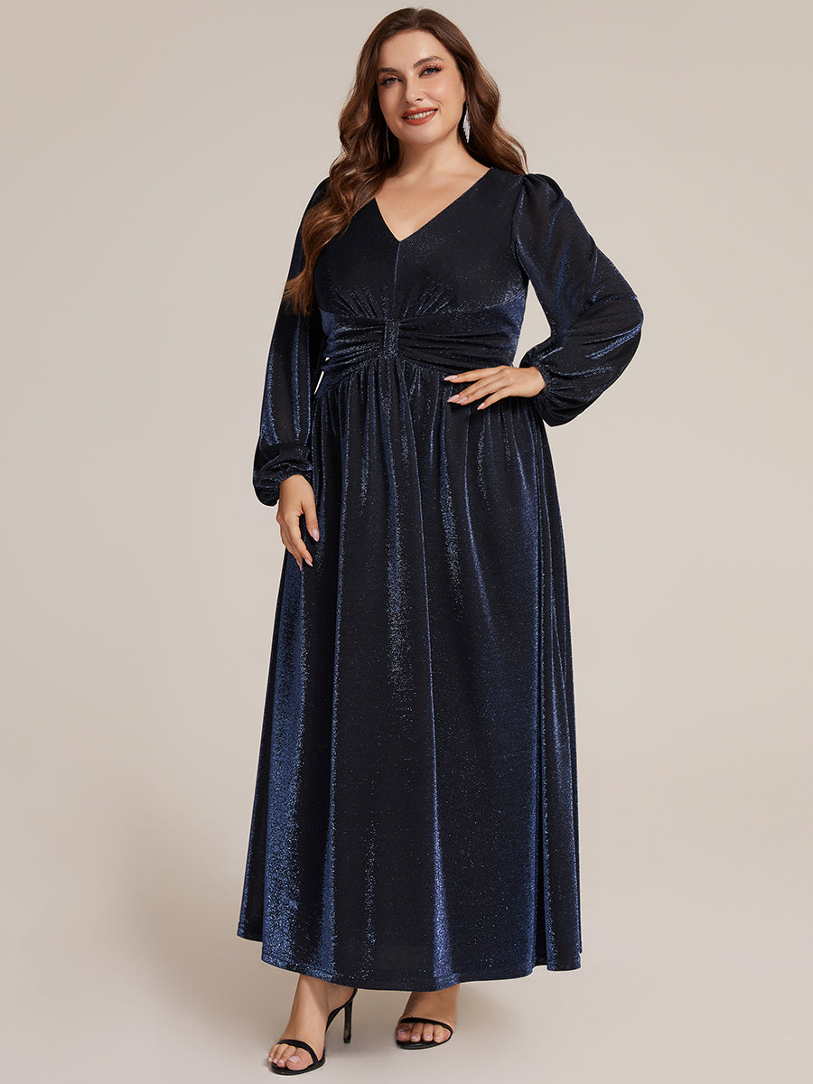 Lurex Mesh Puff Sleeve A-Line Evening Dress #color_Navy Blue