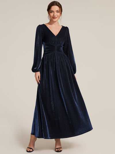 Lurex Mesh Puff Sleeve A-Line Evening Dress