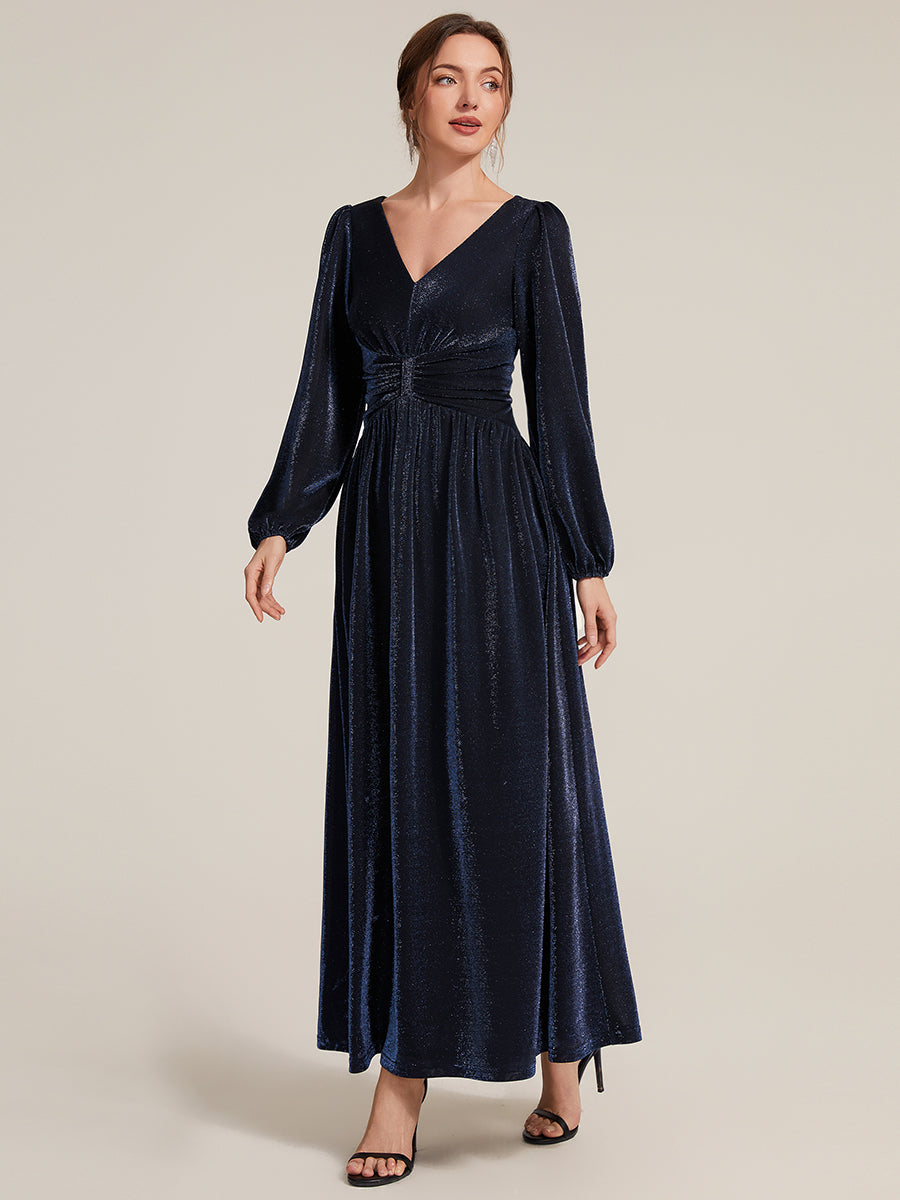 Lurex Mesh Puff Sleeve A-Line Evening Dress #color_Navy Blue