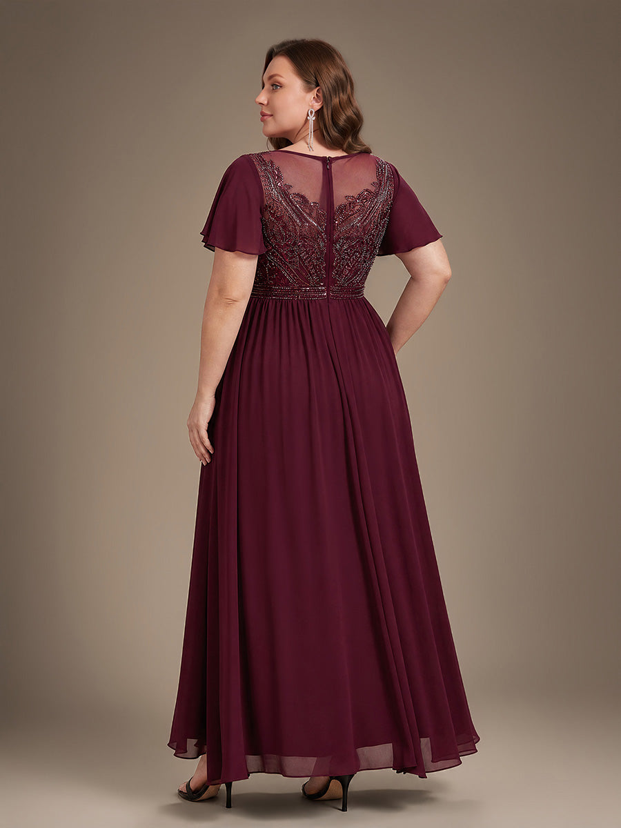 Sequin Tulle Ruffle Sleeve Evening Dress #color_Burgundy
