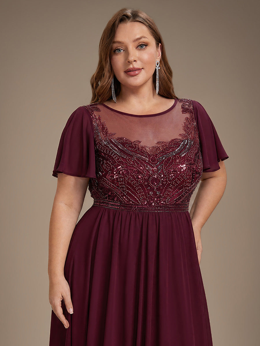 Plus Size Sequin See-Through Tulle Evening Dress #color_Burgundy