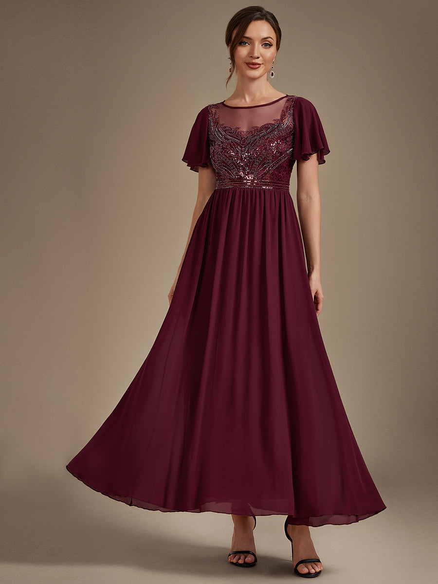 Sequin Tulle Ruffle Sleeve Evening Dress #color_Burgundy