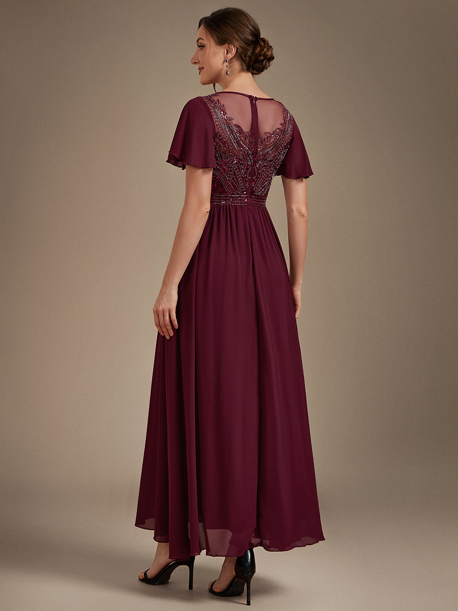 Sequin Tulle Ruffle Sleeve Evening Dress #color_Burgundy