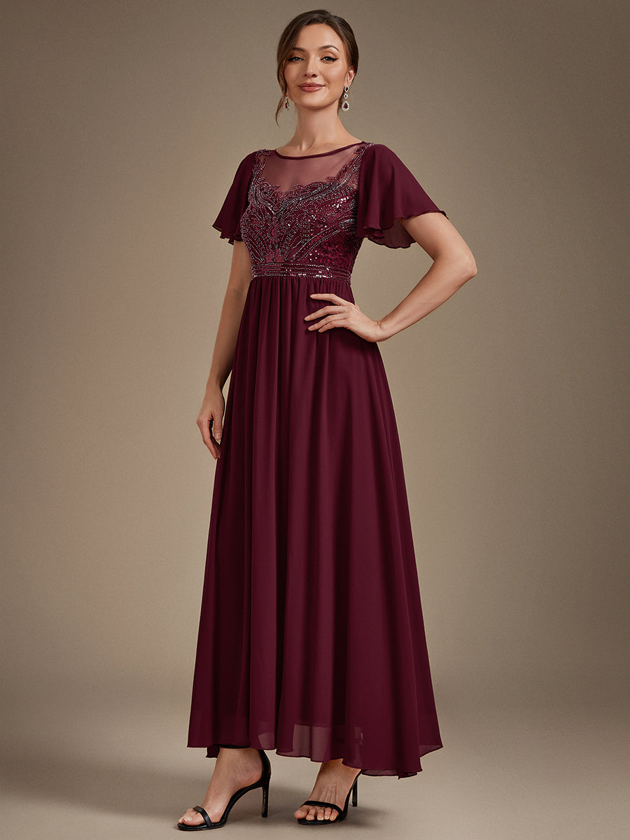 Sequin Tulle Ruffle Sleeve Evening Dress #color_Burgundy