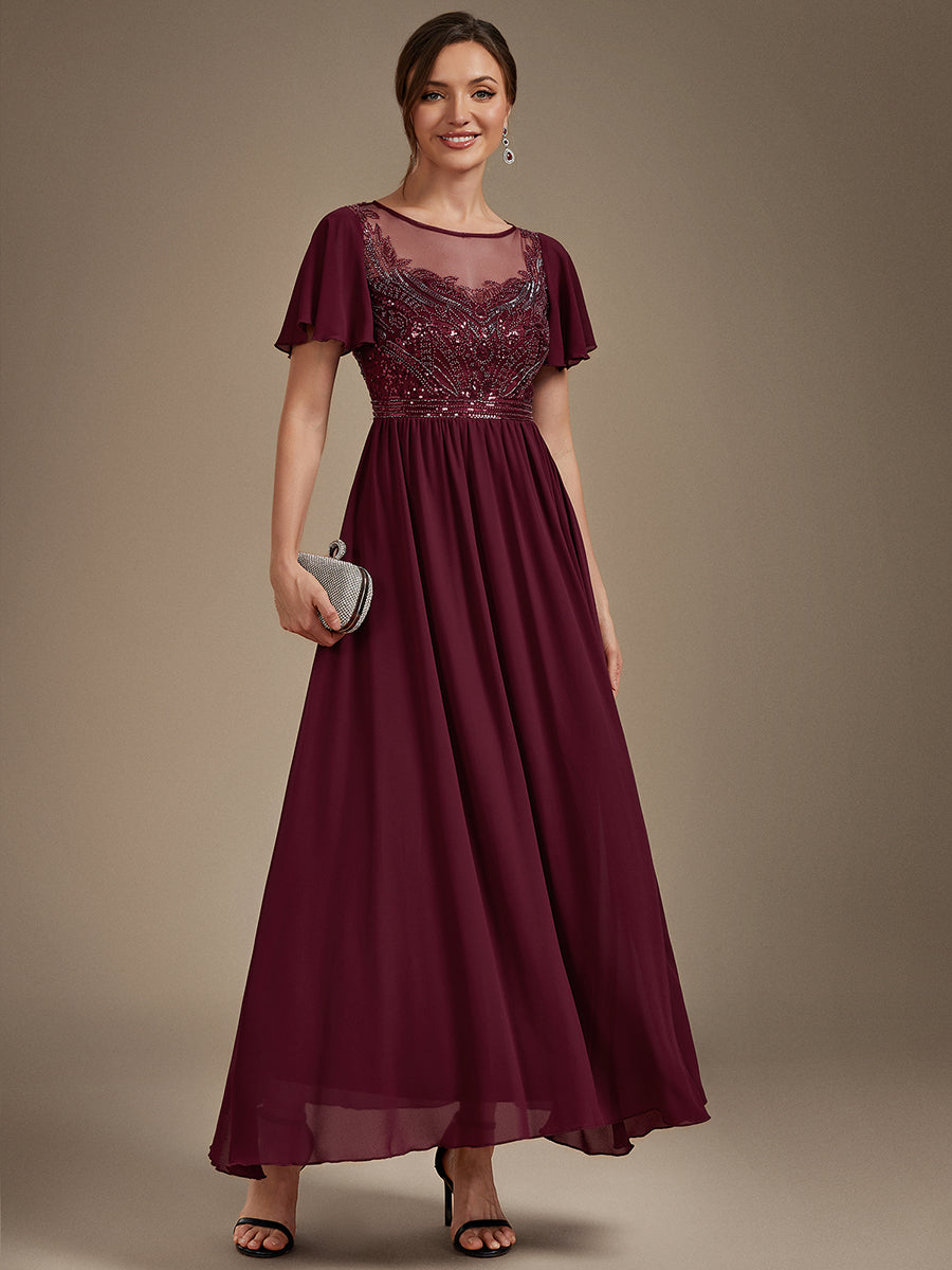 Sequin Tulle Ruffle Sleeve Evening Dress #color_Burgundy