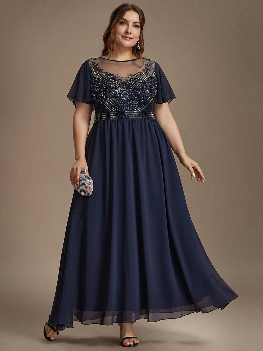 Sequin Tulle Ruffle Sleeve Evening Dress #color_Navy Blue