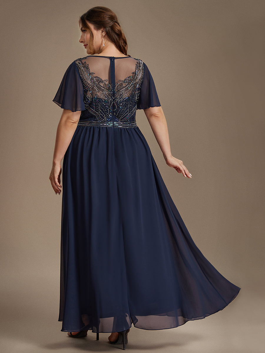 Sequin Tulle Ruffle Sleeve Evening Dress #color_Navy Blue