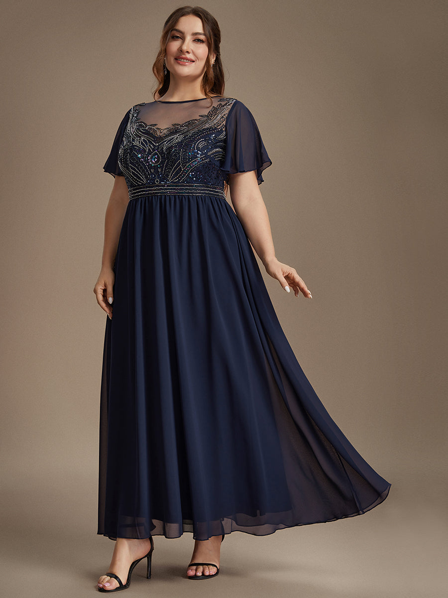 Sequin Tulle Ruffle Sleeve Evening Dress #color_Navy Blue