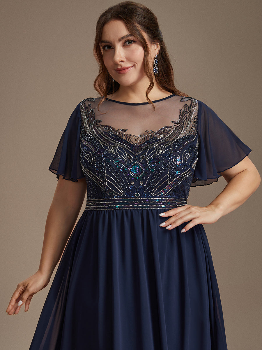 Sequin Tulle Ruffle Sleeve Evening Dress #color_Navy Blue