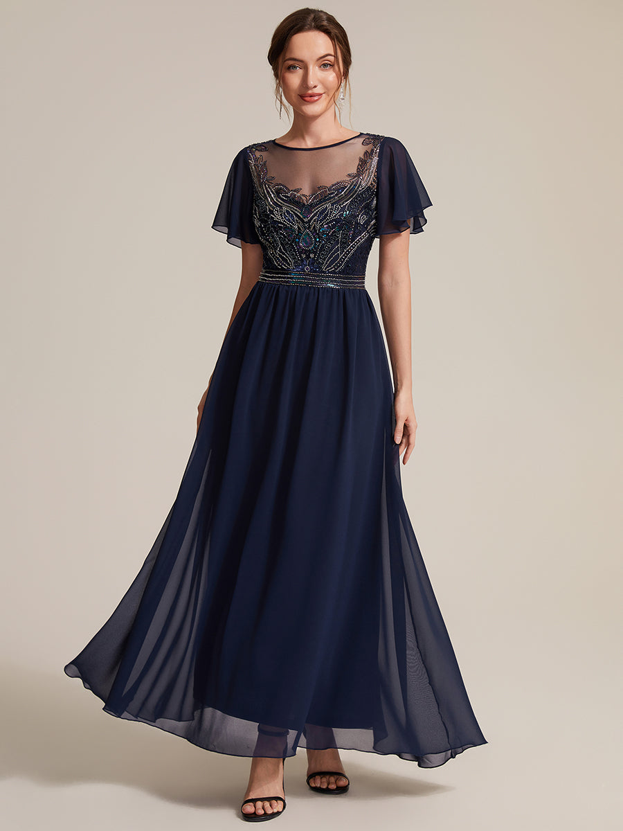 Sequin Tulle Ruffle Sleeve Evening Dress #color_Navy Blue