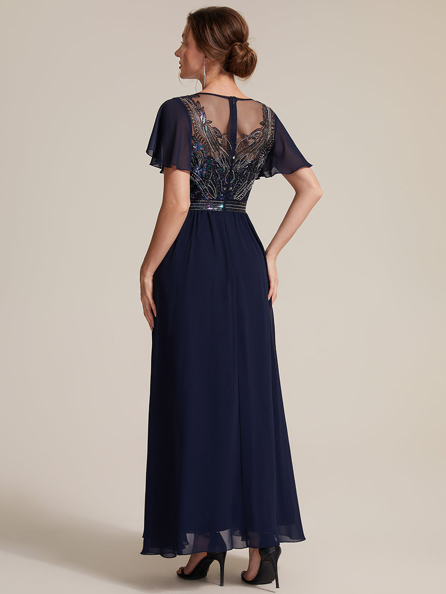 Sequin Tulle Ruffle Sleeve Evening Dress #color_Navy Blue