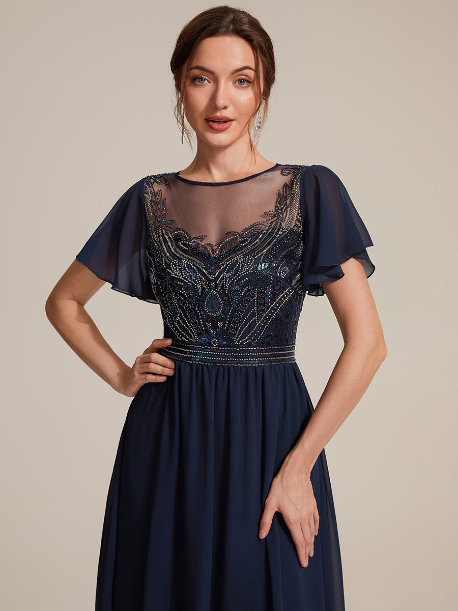 Sequin Tulle Ruffle Sleeve Evening Dress #color_Navy Blue