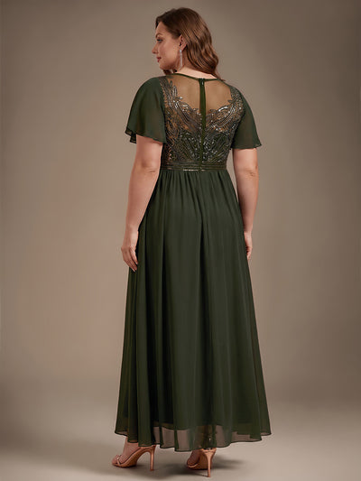 Plus Size Sequin See-Through Tulle Evening Dress #color_Olive Green