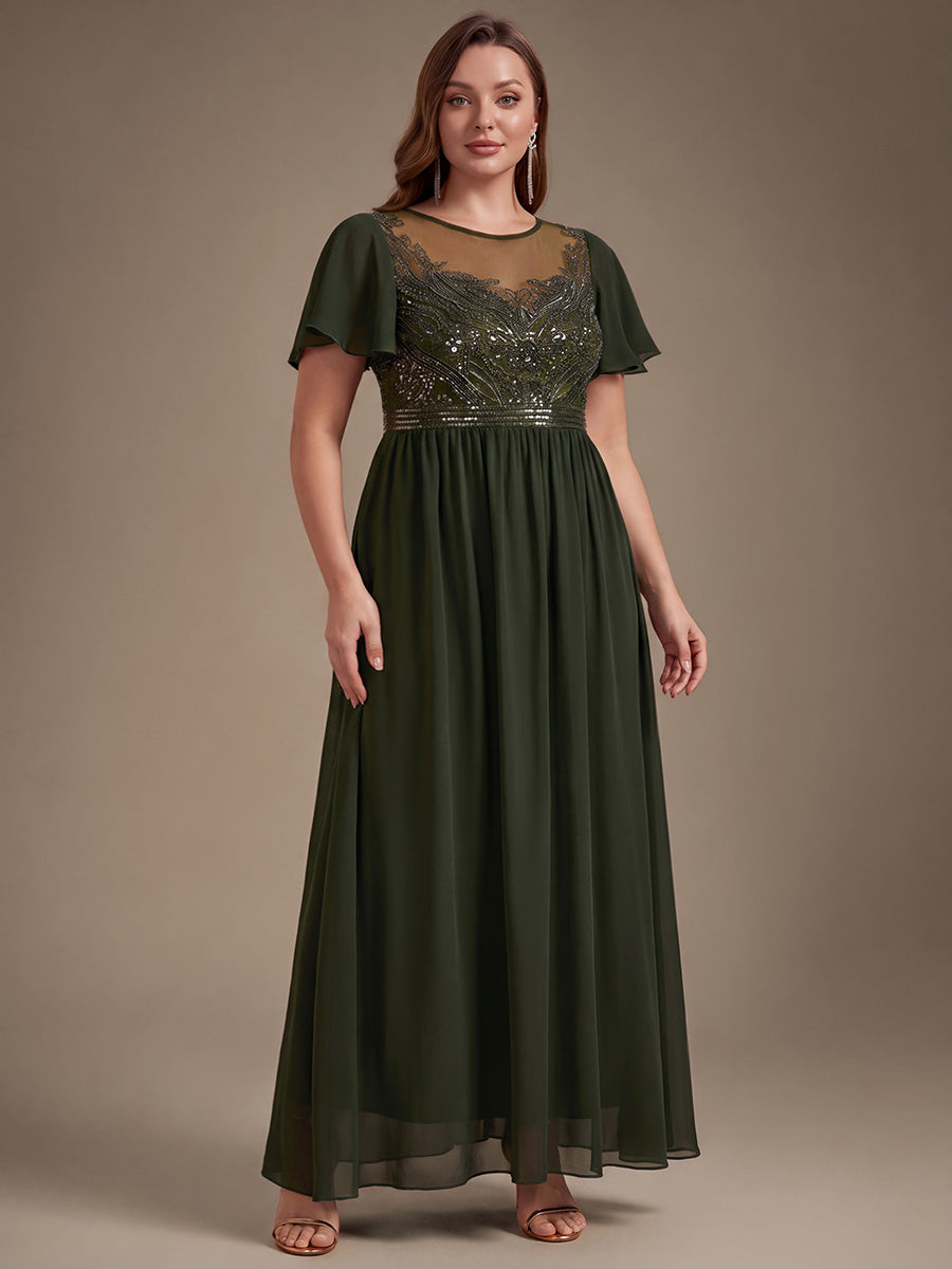 Sequin Tulle Ruffle Sleeve Evening Dress #color_Olive Green
