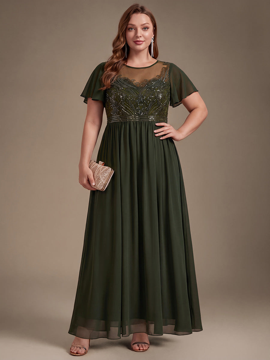 Plus Size Sequin See-Through Tulle Evening Dress #color_Olive Green
