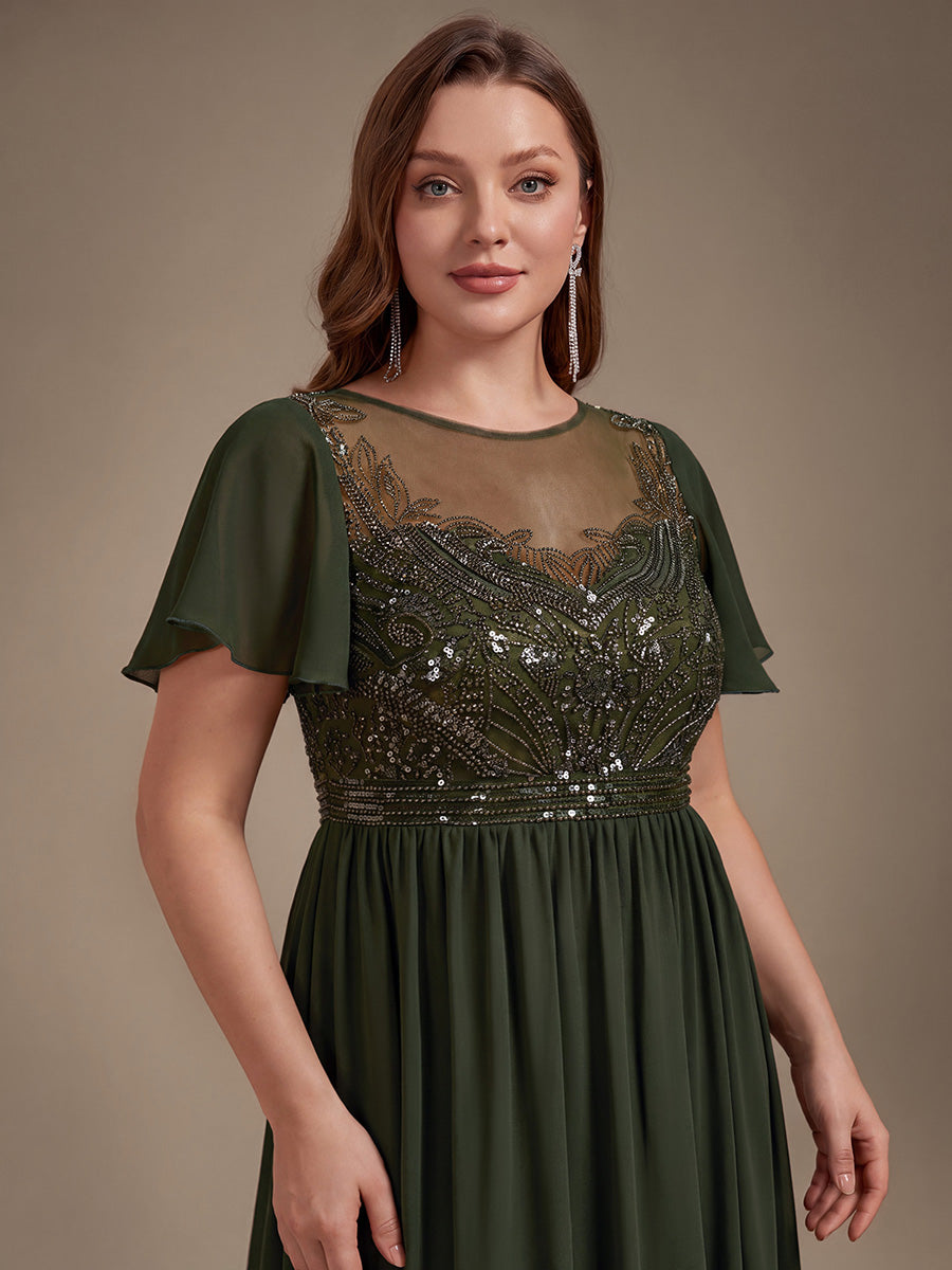 Plus Size Sequin See-Through Tulle Evening Dress #color_Olive Green