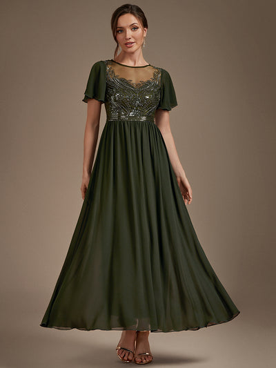 Sequin Tulle Ruffle Sleeve Evening Dress