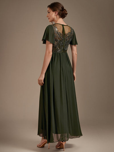 Sequin Tulle Ruffle Sleeve Evening Dress #color_Olive Green