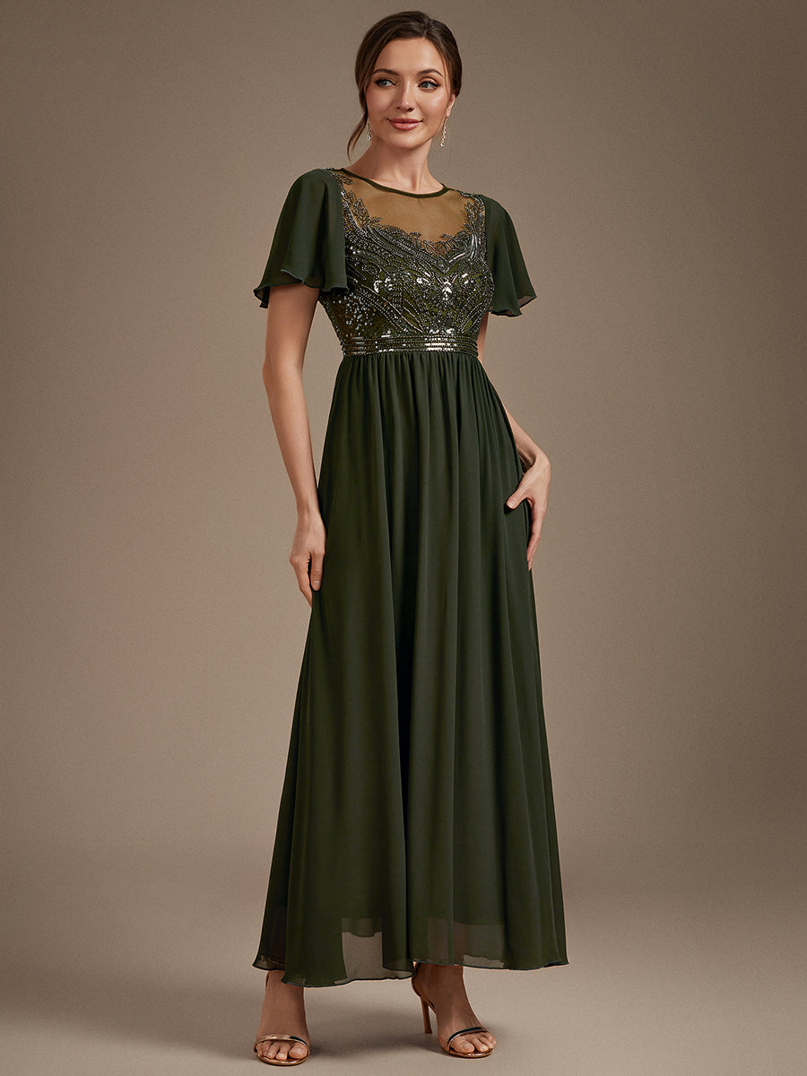 Sequin Tulle Ruffle Sleeve Evening Dress #color_Olive Green