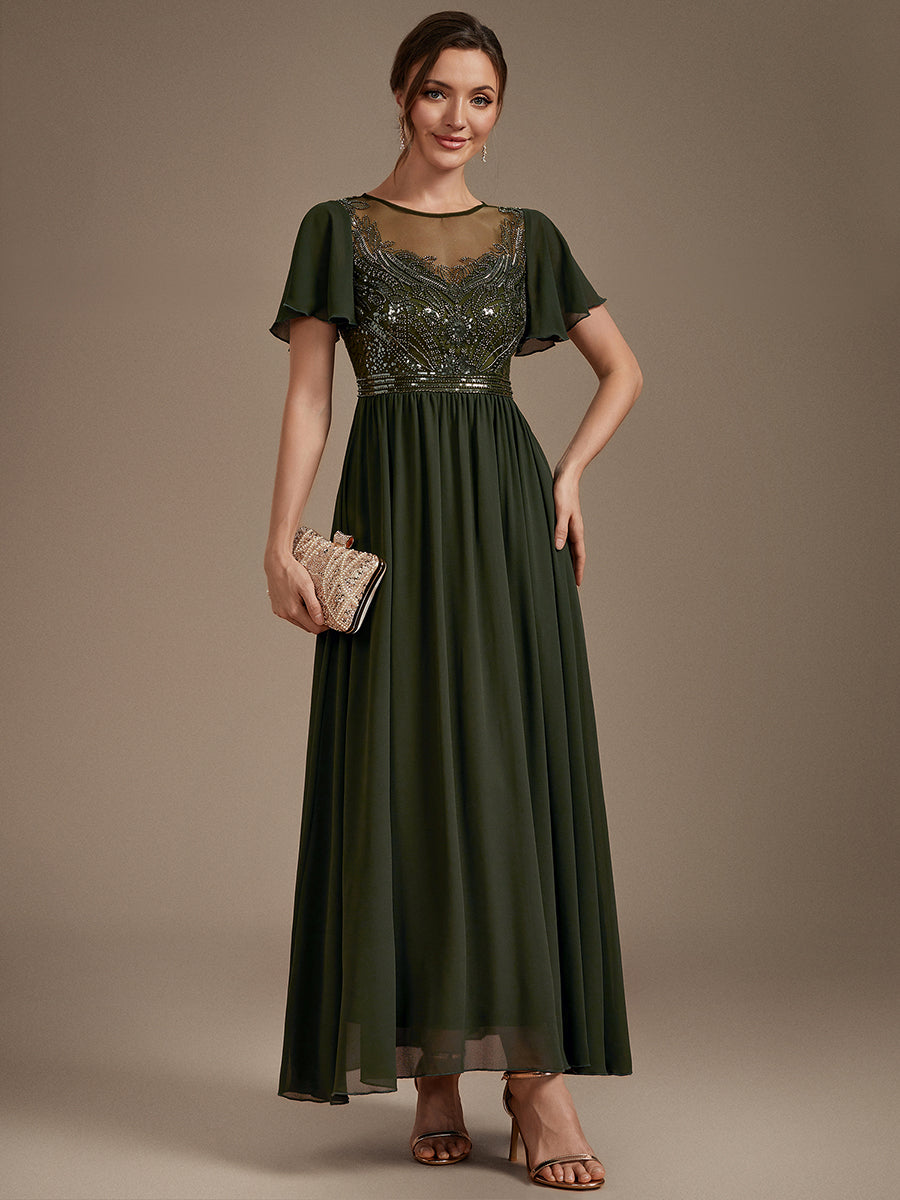 Sequin Tulle Ruffle Sleeve Evening Dress #color_Olive Green