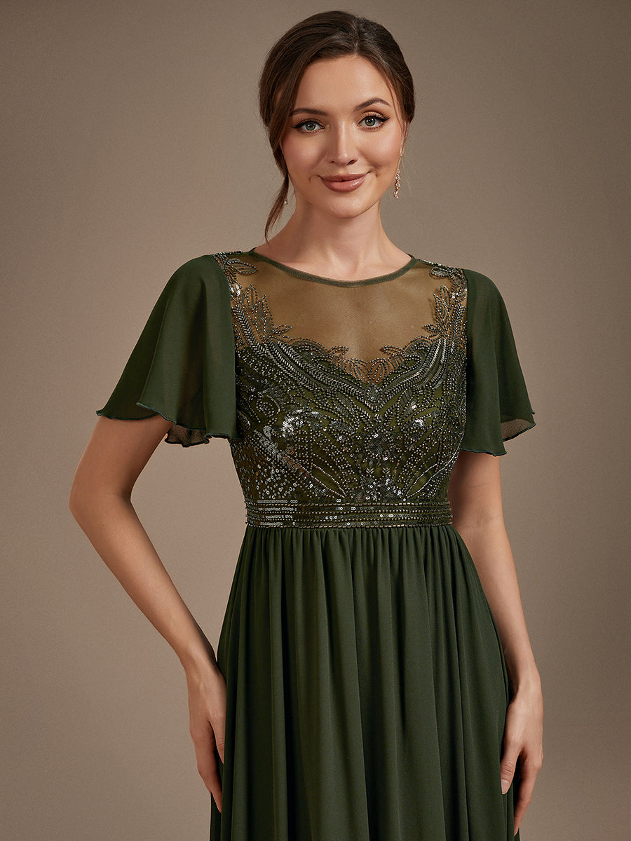 Sequin Tulle Ruffle Sleeve Evening Dress #color_Olive Green