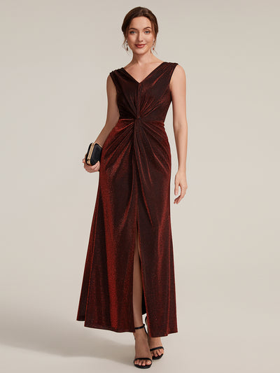 Slit Lurex Mesh Sleeveless Evening Dress
