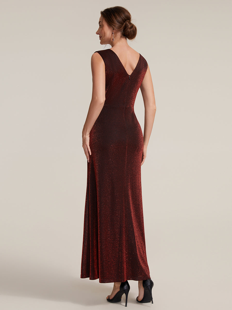Slit Lurex Mesh Sleeveless Evening Dress #color_Burgundy