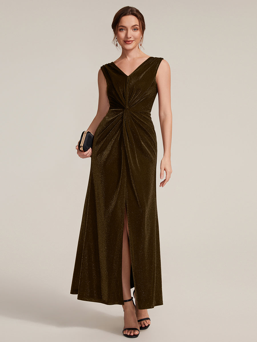 Slit Lurex Mesh Sleeveless Evening Dress #color_Brown