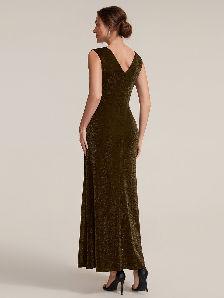 Slit Lurex Mesh Sleeveless Evening Dress #color_Brown