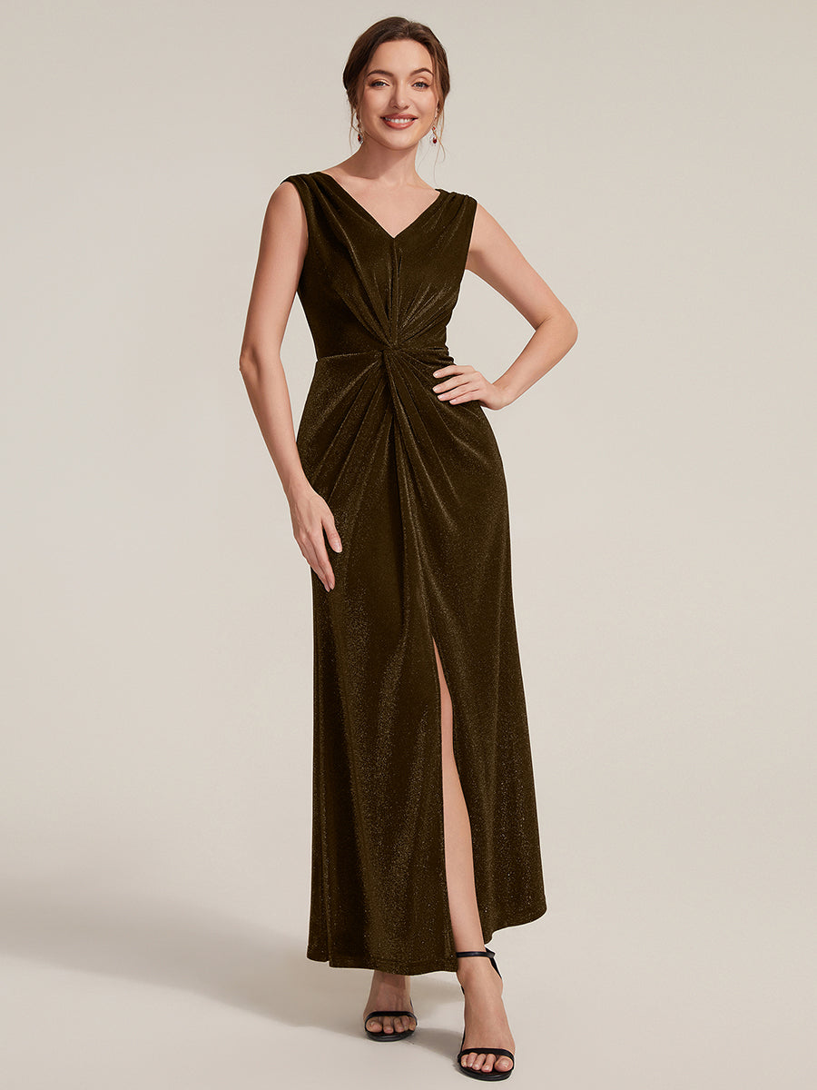 Slit Lurex Mesh Sleeveless Evening Dress #color_Brown