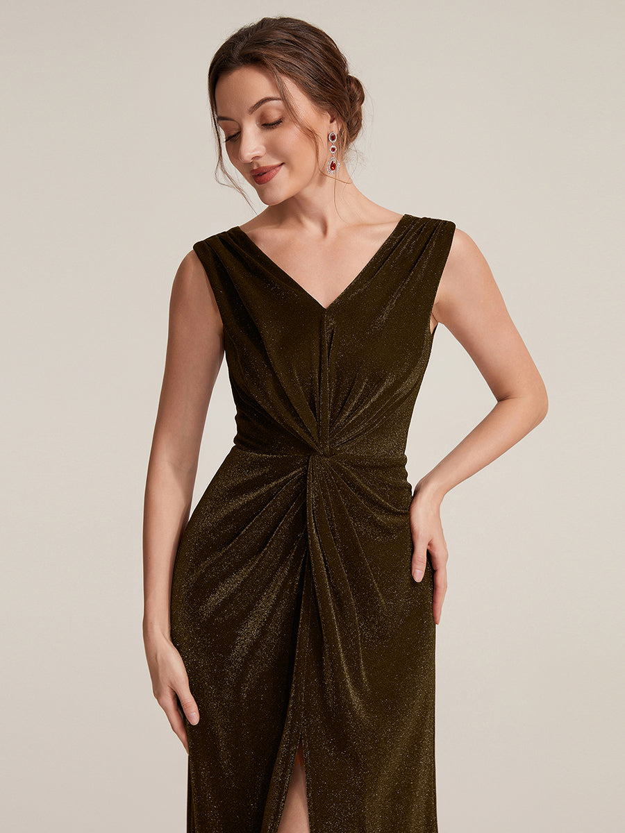 Slit Lurex Mesh Sleeveless Evening Dress #color_Brown