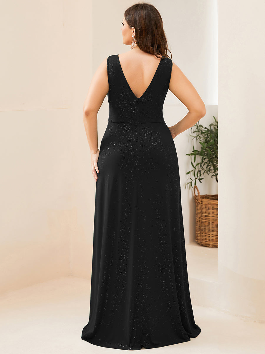 Glittery Sleeveless Double V-Neck Side Slit A-Line Formal Evening Dress #color_Black