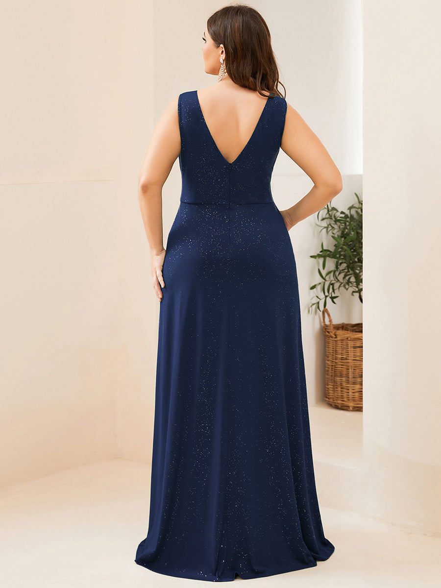 Glittery Sleeveless Double V-Neck Side Slit A-Line Formal Evening Dress #color_Navy Blue