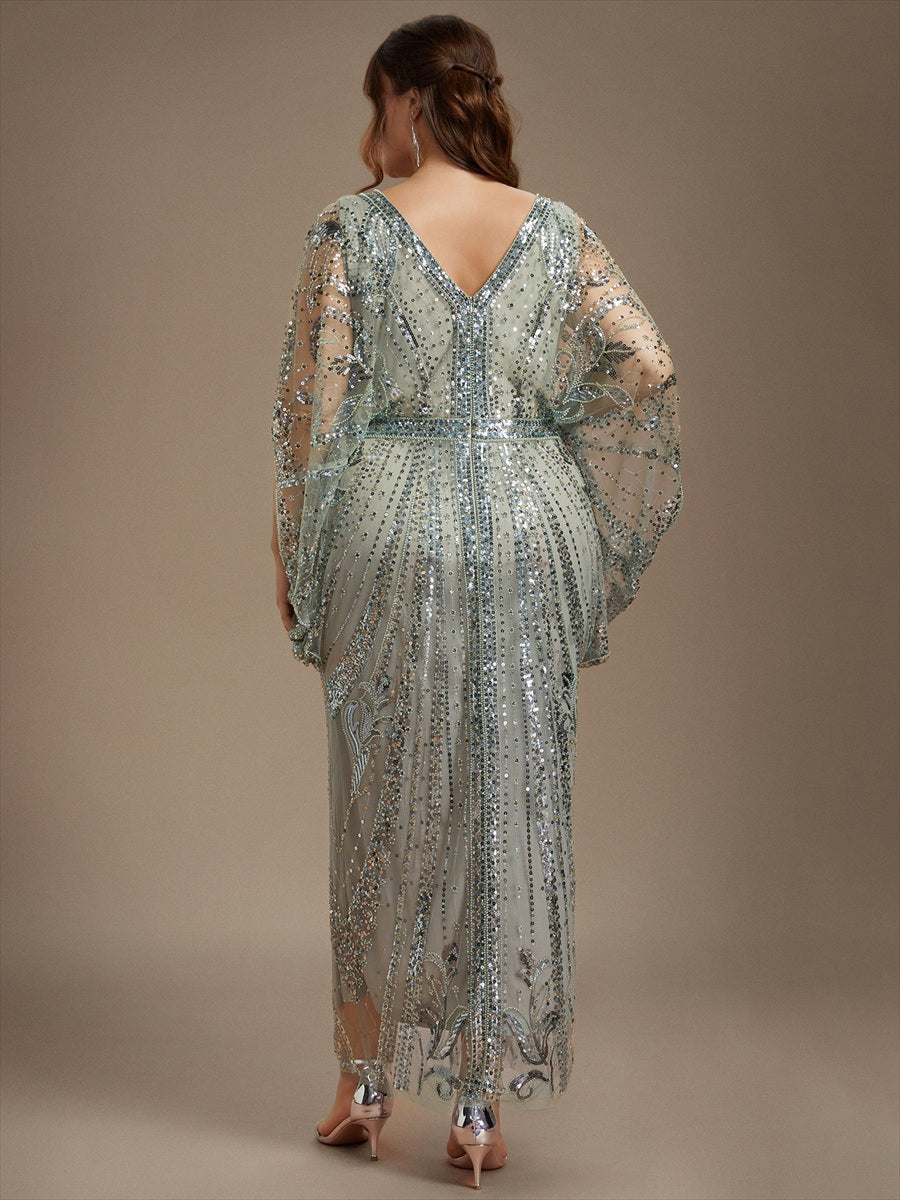Beading Tulle Batwing Sleeve Evening Dress #color_Mint Green