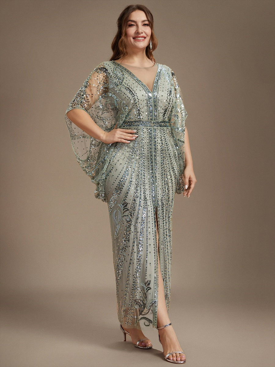 Beading Tulle Batwing Sleeve Evening Dress #color_Mint Green